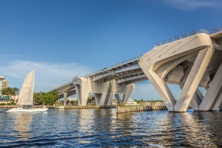 Photo for Fort Lauderdale, USA - August 20, 2014: modern bridge in Fort Lauderdale spanning the canal and constructed as draw bridge in Fort Lauderdale, USA. - Royalty Free Image