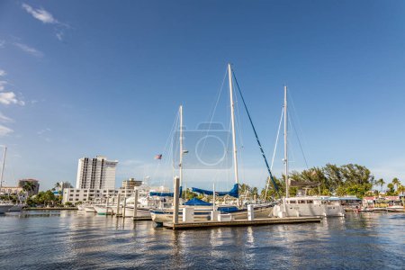 Photo for Fort Lauderdale, USA - August 20, 2014: Luxurious waterfront pier and harbor in Fort Lauderdale, USA. There are 165 miles of waterways within the city limits and 9,8 percent of the city is covered by water. - Royalty Free Image