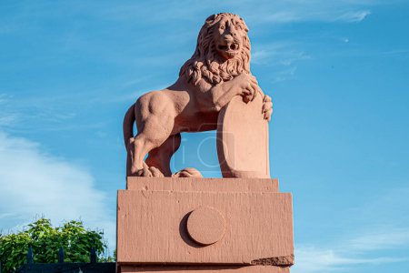 Photo for Erbach, Germany - August 11, 2023: lion made of sandstone, the symbol for .Hesse in Germany - Royalty Free Image