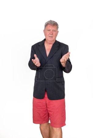 Photo for Portrait of handsome happy smiling man in black suit gesturing with hands - Royalty Free Image