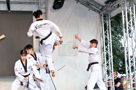 Photo for Frankfurt, Germany - August 26, 2023: people have fun visiting the Museumsuferfest - engl: festival of the Museums at the river - with performance of taekwondo. - Royalty Free Image