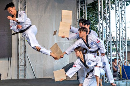 Photo for Frankfurt, Germany - August 26, 2023: people have fun visiting the Museumsuferfest - engl: festival of the Museums at the river - with performance of taekwondo. - Royalty Free Image