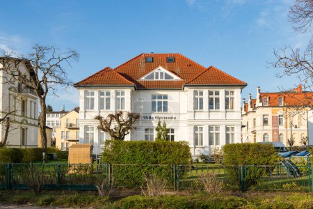 Photo for Ahlbeck, Germany - April 17, 2014: old villa with view to the ocean in Ahlbeck at the promenade. - Royalty Free Image