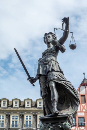Photo for Frankfurt, Germany - August 26, 2023: lady justice at the fountain at the Roemer square in Frankfurt, Germany - Royalty Free Image