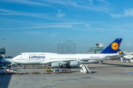 Photo for Frankfurt, Germany - June 13, 2014: Lufthansa aircraft at the apron of Frankfurt international airport. - Royalty Free Image