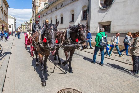 Téléchargez les photos : KRAKOW, POLOGNE - 4 MAI : Chariot tiré par des chevaux sur la Place du Marché, standardisé la couleur, longueur totale ne dépassant pas 7,0 m, peut être attelé à un maximum de deux chevaux le 4 mai 2014 à Cracovie, Pologne
. - en image libre de droit