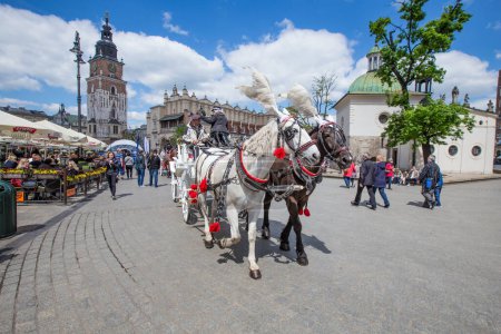 Photo for Krakow, Poland - May 4, 2014: Horse-drawn carriage at the Market Square, standardized the color, total length of no more than 7.0 m, can be harnessed to a max of two horses in Krakow, Poland. - Royalty Free Image
