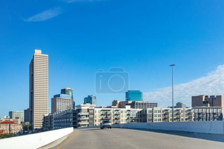 Photo for Skyline of Fort worth seen from the bridge when entering the town, Texas, USA - Royalty Free Image
