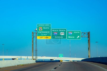Photo for Signage denton north entrance to waco south and express lane at a highway crossing in Fort Worth, USA - Royalty Free Image