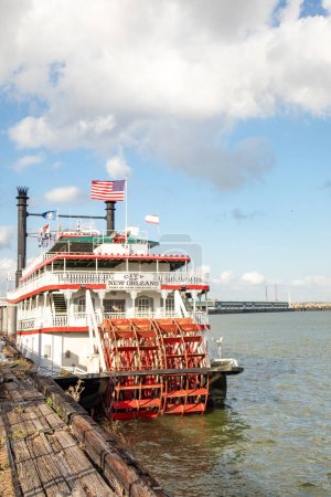 Photo for New Orleans, USA - October 24, 2023: Steamboat city of new orleans at the pier  at Mississippi River. The steamboat is still in Operation for touristic events. - Royalty Free Image