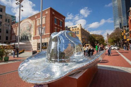 Photo for Fort Worth, Texas - November 4, 2023: The Disco Cowboy Hat in Sundance Plaza in Fort Worth at Main street. - Royalty Free Image