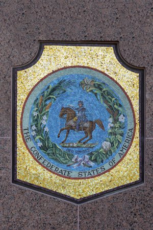 Photo for Austin, Texas - November 3, 2023: USA Coat of Arms for the confederate states of America, located on the front of Texas State Library in Austin, USA. - Royalty Free Image
