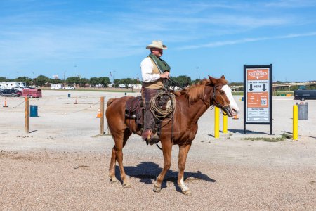 Foto de Fort Worth, Texas - 5 de noviembre de 2023: Cowboy driving longhorn cows in the gate at stockyards in Fort Worth, Texas, Estados Unidos - Imagen libre de derechos