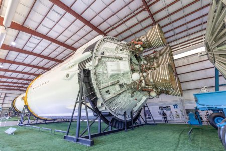 Photo for Houston, USA - October 22, 2023: inside hangar with SATURN V Rocket in Space Center - The Lyndon B. Johnson Space Center (JSC) in Houston, Texas. close up of Rocket detail with Apollo capsule. - Royalty Free Image