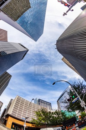 Photo for Houston, USA - October 21, 2023: perspective of skyscraper i Houston from street level in Houston, Texas, USA. - Royalty Free Image