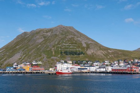Photo for View to Honningsvag harbor at the northcape - german: Nordkap- from the cruise ship. - Royalty Free Image