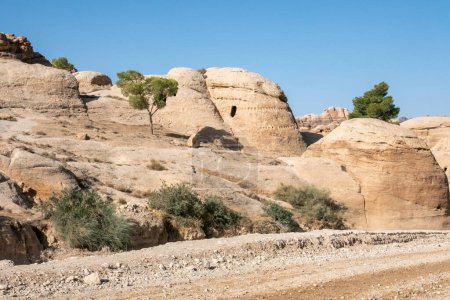 Foto de Famosas tumbas de piedra antigua en bab as-siq cerca de Petra en Jordania - Imagen libre de derechos