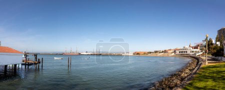 Photo for San Francisco, USA - May 18, 2022: view to famous white modern Maritime Museum at the bay of San Francisco in early morning light. - Royalty Free Image