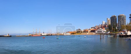 Photo for Panoramic view to pier in San Francisco with modern buildings and old traditional pier and historic ships, USA - Royalty Free Image