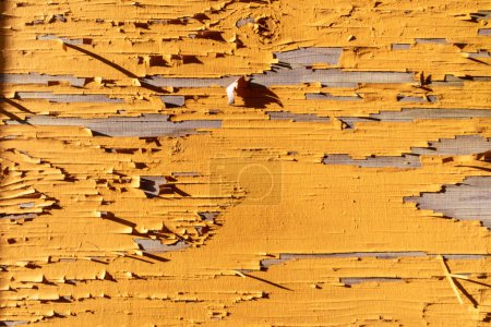 Foto de Patrón de pelado amarillo pintado pared de madera antigua que simboliza grunge y el tiempo - Imagen libre de derechos