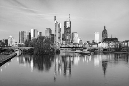 Photo for Scenic skyline of Frankfurt am Main with reflection in the river in early morning, Hesse, Germany - Royalty Free Image