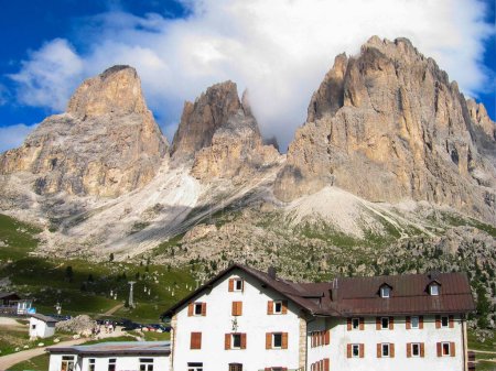 scenic view in the alps to the mountain of the dolomites and the sella pass in the Alps