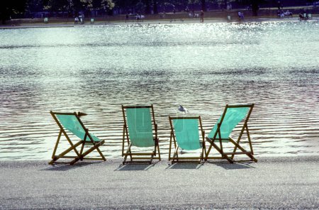 Téléchargez les photos : Quatre chaises longues vides au Hyde Park à Londres, Royaume-Uni - en image libre de droit