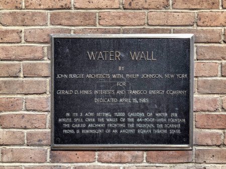 Photo for Houston, USA - October 21, 2023: signage for scenic water wall in Houston  built in 1985 with 11000 Gallons water per minute with reminiscent of an ancient roman theater stage - Royalty Free Image