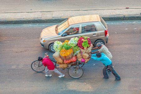 Foto de Jaipur, India - 13 de noviembre de 2011: los agricultores llevan sus verduras en un rickshaw y tiran del carro a lo largo de la calle principal con toda la familia. - Imagen libre de derechos