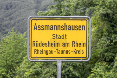 yellow entrance sign to village of Assmannshausen, a village belonging to town of Ruedesheim, Hesse, Germany