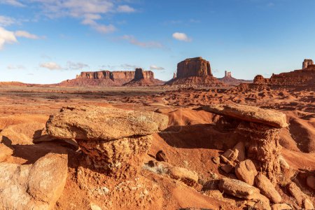 Rugged Monument Valley scenery with two toadstool formations resulting from millions of years of erosion.