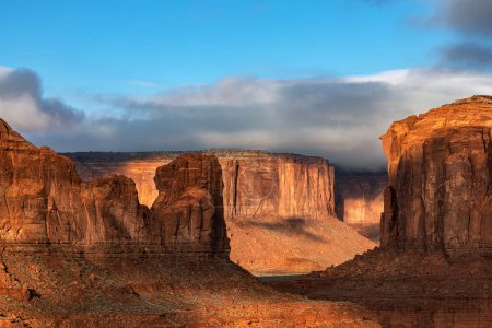 Rugged Monument Valley at Hunt's Mesa with iconic butte, spire and mitten formations used as a backdrop in many old western movies.