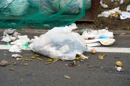 Téléchargez les photos : KAGAWA, JAPON - 03 JUILLET 2023 : Sacs à ordures crus triés ou sac à ordures. Poubelles dévorées par les corbeaux à Kagawa, Japon. - en image libre de droit