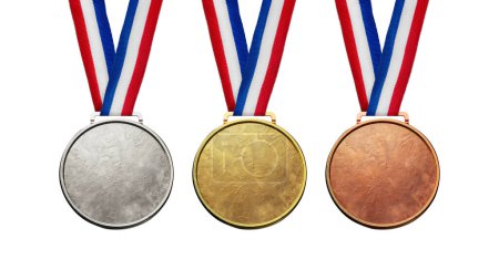 Sammlung von echten Goldmedaillen isoliert auf kostenlosem PNG-Hintergrund mit viel Textfläche - Gewinner Kopierraum-Konzept