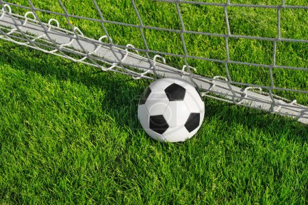 textured soccer game field with soccer ball in soccer goal
