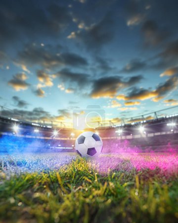 Photo for Textured soccer game field with neon fog - center, midfield. Poster. - Royalty Free Image