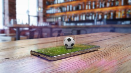 Photo for Soccer field on smartphone in a sports bar from above - texture background - 3D-Illustration - Royalty Free Image