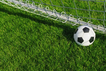 Photo for Textured soccer game field with ball in front of the soccer goal - soccer ball in soccer net. - Royalty Free Image