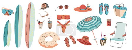 Illustration for Vector cartoon handdrawn set of summer element, beach accessories. Surfboard, diving mask, cap and hat , sunglasses, swimsuit, inflateble ring, sandals, beach umbrella, armchair, cocktails, spf stick. - Royalty Free Image