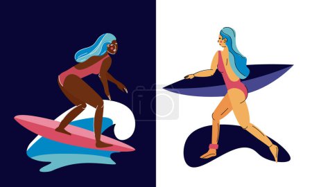 Illustration for African american girl surfing on wave. Woman running with a surfboard. Happy young female enjoy activity for active summer vacations at sea resort. Cartoon flat vector illustration. - Royalty Free Image