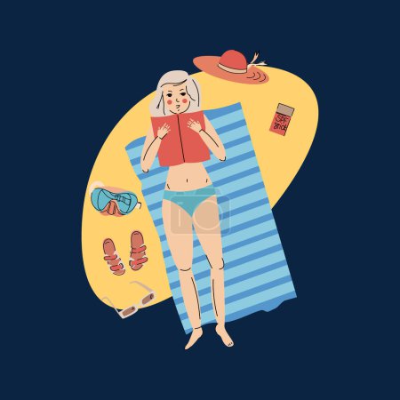 Illustration for Summer beach scene, flat cartoon vector illustration. Girl lying on towel on beach or seashore and sunbathing, reading book. Straw hat, spf stick, flip flops, sunglasses and swimming mask on the sand. - Royalty Free Image
