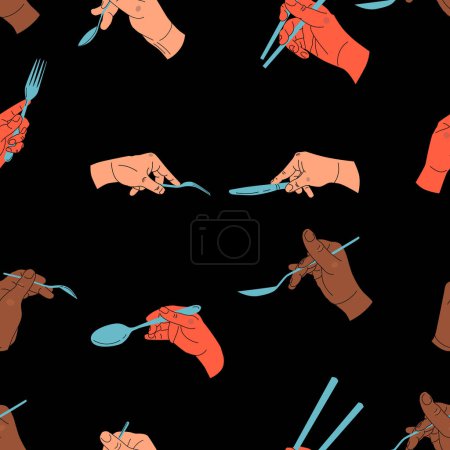 Illustration for Colorful Hands holding cutlery seamless pattern. Hands with fork, knife, tablespoon, teaspoon, Chinese chopsticks. Different gestures. Hand drawn vector illustration isolated on black background. - Royalty Free Image