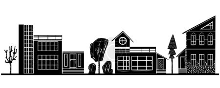 Illustration for Domestic home and trees hand carved linocut vector set. Collection of folk art style rural houses and woodland clip art. - Royalty Free Image