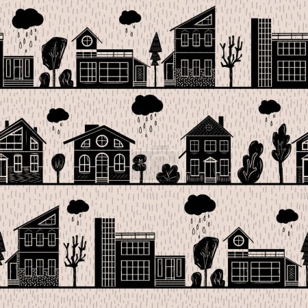 Illustration for Domestic home and trees hand carved linocut seamless pattern on rainy background. Collection of folk art style rural houses and woodland clip art. - Royalty Free Image