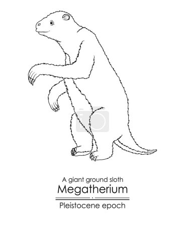 Illustration for A giant ground sloth Megatherium from Pleistocene epoch.  Black and white line art, perfect for coloring and educational purposes. - Royalty Free Image