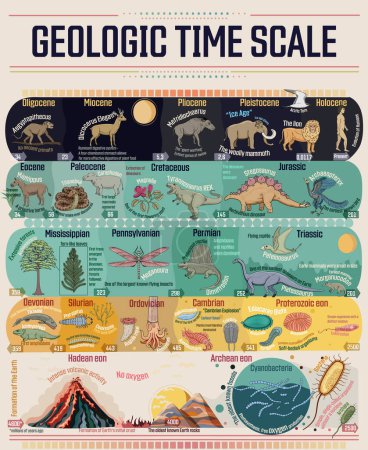 Escala de tiempo geológico cartel educativo colorido. Desde la formación de la Tierra hasta la 'Explosión del Cámbrico', el surgimiento de dinosaurios, la evolución de los primeros mamíferos y la evolución humana