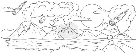 Téléchargez les illustrations : Illustration Hadean Eon en noir et blanc. Développement précoce de l'atmosphère, activité volcanique intense, gaz volcaniques et bombardement d'astéroïdes lourds et de météorites. - en licence libre de droit