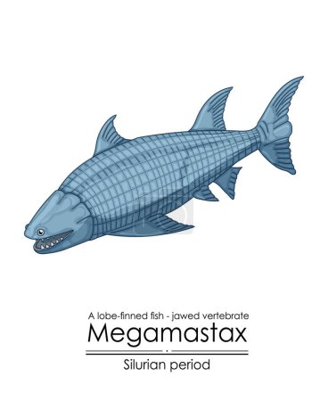 Ilustración de Megamastax, un período silúrico vertebrado con mandíbulas más grande, un pez con aletas de lóbulo, ilustración colorida sobre un fondo blanco - Imagen libre de derechos