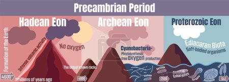Illustration for Precambrian period: Geological timeline spanning from the Hadean Eon, through the Archean Eon, and into the Proterozoic Eon, leading to the emergence of Ediacaran biota - Royalty Free Image