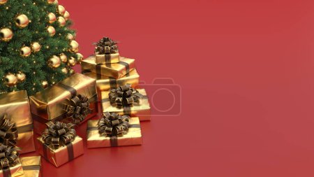 Christmas tree with golden decorations and gifts, on red background. Christmas background with copy space for text